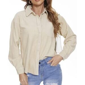 Feelyn Women Corduroy Long Sleeve Button Down Casual Jacket/Pocket Apricot S